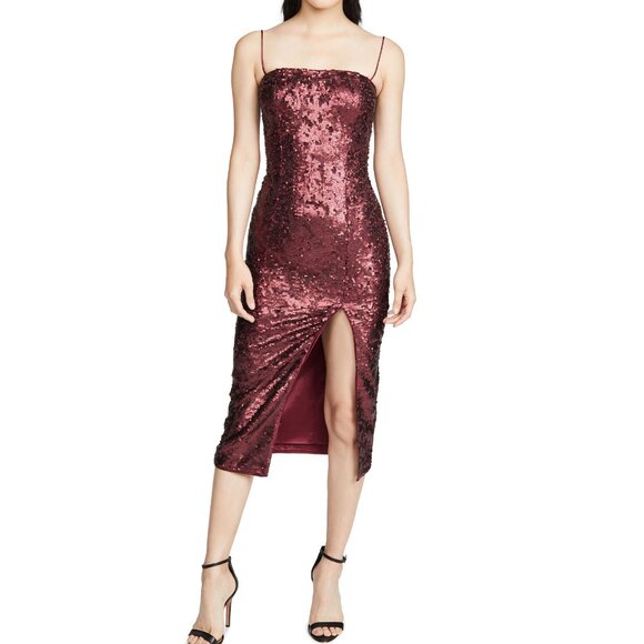 Wine Red Sequin Spaghetti Strap Midi Cocktail Party Dress 4 - Picture 1 of 4